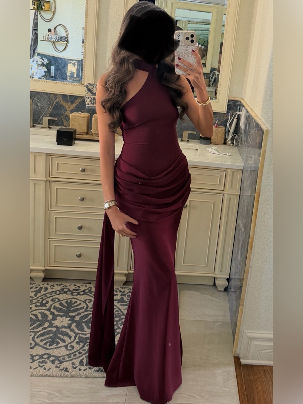 Club L London Wine One-Shoulder Ruched Satin Dress